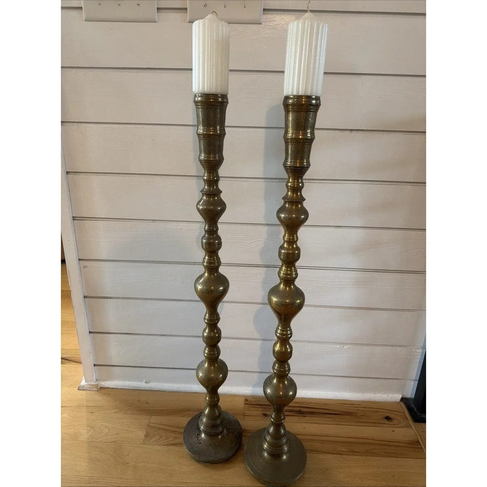 Pair Of Brass Floor Candle Holder Etched Church Pilar Candlestick Wedding ES0026